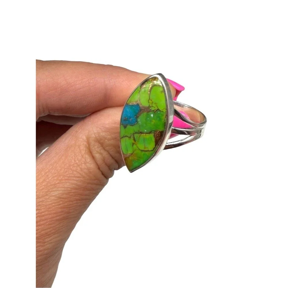 Green & Blue Mohave Turquoise Ring Size 10.5 Solid 925 Sterling Silver